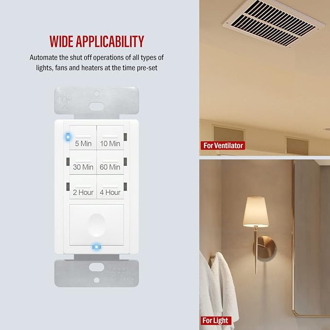 ENERLITES 4-Hour Countdown Timer Switch, 5-10-30-60 Min, 2-4 Hour, for Bathroom Fans, Lights, 120VAC Neutral Wire Required, UL Listed, HET06-W-2PCS, White, 2 Pack