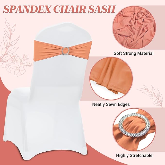MDS Pack of 100 Spandex Chair Sashes Bow Premium Stretch Chair Cover Band with Buckle Slider Universal fits Elastic Dining Chair Ties for Wedding Party Banquet Events Decoration - Peach