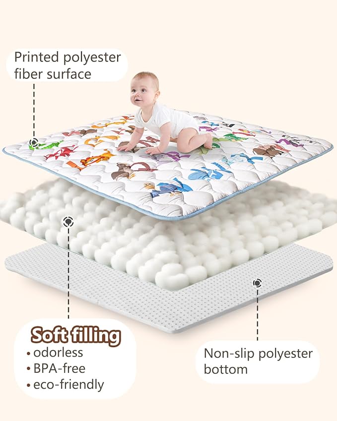 Baby Play Mat, 47x47 Mat with Super Soft Touch, Activity Mats with Upgraded Anti-Slip Bottom, Machine Washable Crawling Playmat for Floor & Picnic(Animal Alphabets)