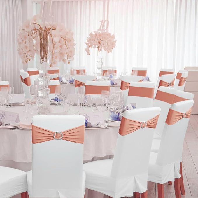MDS Pack of 125 Spandex Chair Sashes Bows Universal fits Elastic Stretch Chair Bands Ties with Buckle Slider Bow for Wedding Decoration Spandex Slider Sashes Bow - Coral Peach