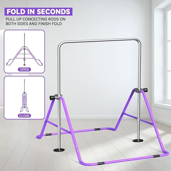 FBSPORT Gymnastics Bar for Kids with Rings,Adjustable Height Gymnastic Horizontal Bars Junior Training Bar Children Folding Training Monkey Bars for Home Using