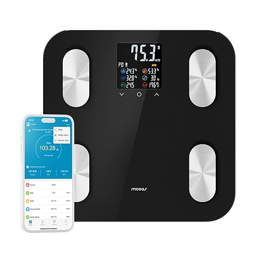 mooas Smart Scale for Body Weight Fat Bluetooth Scale, Digital Bathroom Scale with BMI, Body Fat, Muscle Mass Composition, LCD Accurate Wi-Fi Bluetooth Scale for Home Smartphone App, 396 lbs (Black)