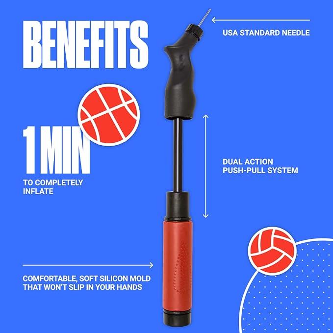 SPORTBIT Ball Pump for Sports Balls - Push & Pull Inflating System - Hand Pump for All Exercise Balls - Volleyball Pump, Basketball Inflator, Football & Soccer Ball Air Pump - Goes with 5 Needles Set
