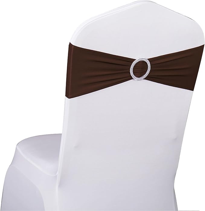 100PCS Stretch Wedding Brown Chair Sashes Bands with Buckle Slider Sashes Bow Decorations 25 Colors (Chocolate)