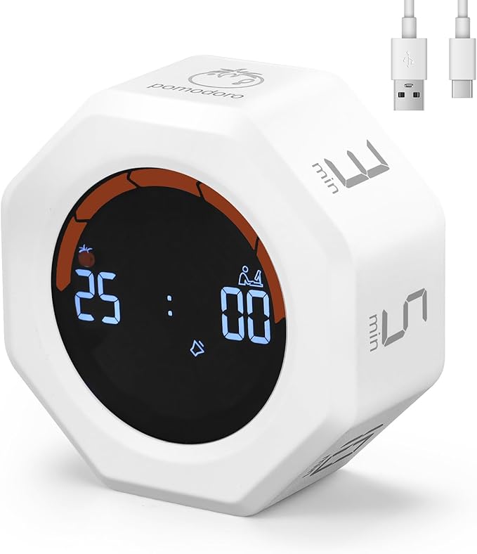 Small Productivity Timer - Pomodoro Timer with 3/5/10/25/60 Min Presets & Custom Countdown | Magnetic Rechargeable Digital Clock for Desk, Study and Games (White)