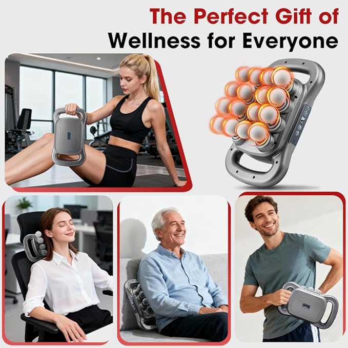 Back Massager for Relief Deep Tissue with Heat, 16 Heads Hands-Free Electric Back Massager, with 9 Modes & 9 Levels Deep Tissue Massage Gun for Pain Relief, Portable for Home & Office Use