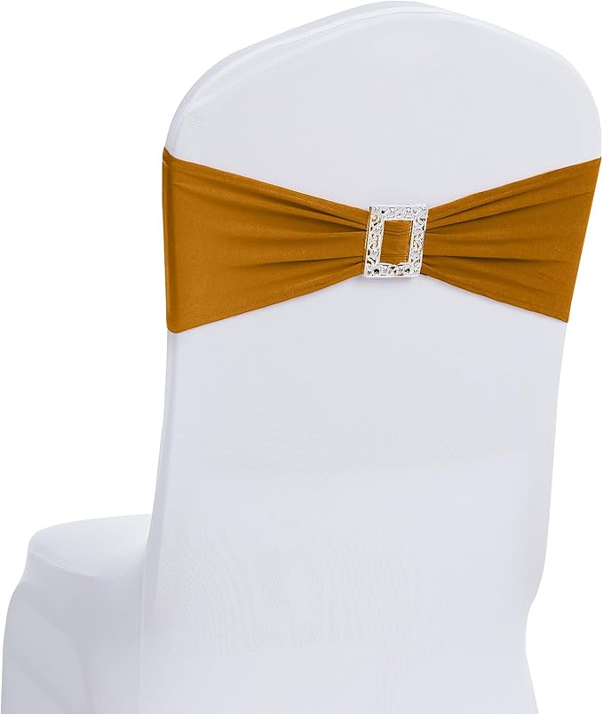 Joccun 120 PCS Spandex Chair Sashes Bows Stretch Chair Cover Band with Buckle Slider Universal Elastic Chair Ties for Wedding Banquet Party Event Decoration (Gold)