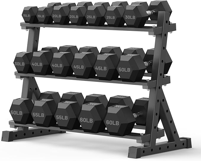 PAPABABE Hex Dumbbell Set with Rack, Rubber Encased Free Weight with Weight Storage Racks, Multiple Weight Options for Home Gym and Fitness
