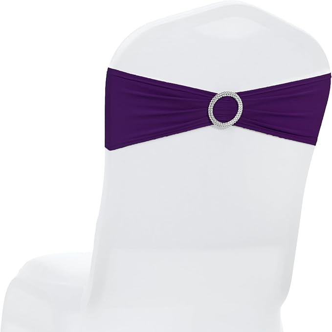 MDS Pack of 10 Spandex Chair Sashes Bow Premium Stretch Chair Cover Band with Buckle Slider Universal fits Elastic Dining Chair Ties for Wedding Party Banquet Events Decoration - Purple
