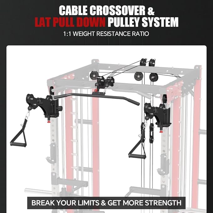 Commercial Smithe Machine with Dual Weight Stacks, Power Cage Squat Rack with Lever Arm & Leg Press Attachment, Multi-Function Linear Bearing Cable Crossover Machine for Home Gym