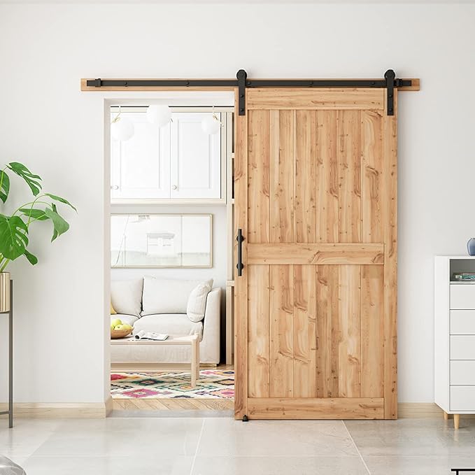 SMARTSTANDARD 7 FT Heavy Duty Sturdy Sliding Barn Door Hardware Kit, Black, (Whole Set Includes 1x Pull Handle Set & 1x Floor Guide) Fit 40''-42" Wide Door Panel (I Shape Hanger)