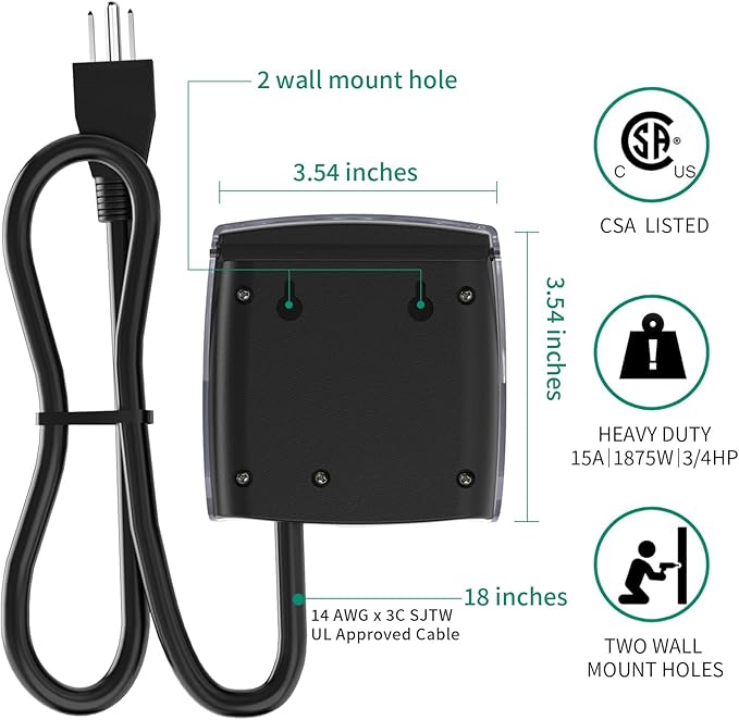 G-Homa [Enhanced] Outdoor Timers, Mechanical 24 Hour Timer Outlet, Outdoor Light Timer Waterproof with Protective Cover, 18 in Cord, 15A 3/4HP, CSA Listed, Ideal for Engine Block Heater, Pool Pump
