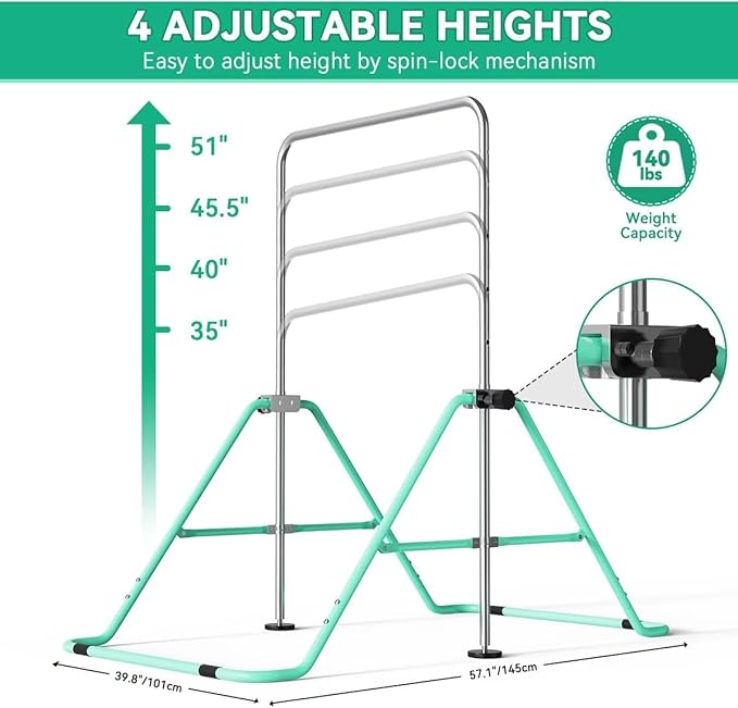 FBSPORT Gymnastics Bar for Kids with Rings,Adjustable Height Gymnastic Horizontal Bars Junior Training Bar Children Folding Training Monkey Bars for Home Using