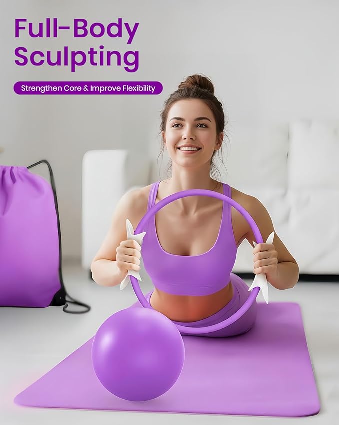 Pilates Ring Set for Women, Home Workout Pilates Equipment with Resistance Bands, 14'' Magic Circle, Mini Ball, Pilates Starter Kit for Strength, Toning and Flexibility