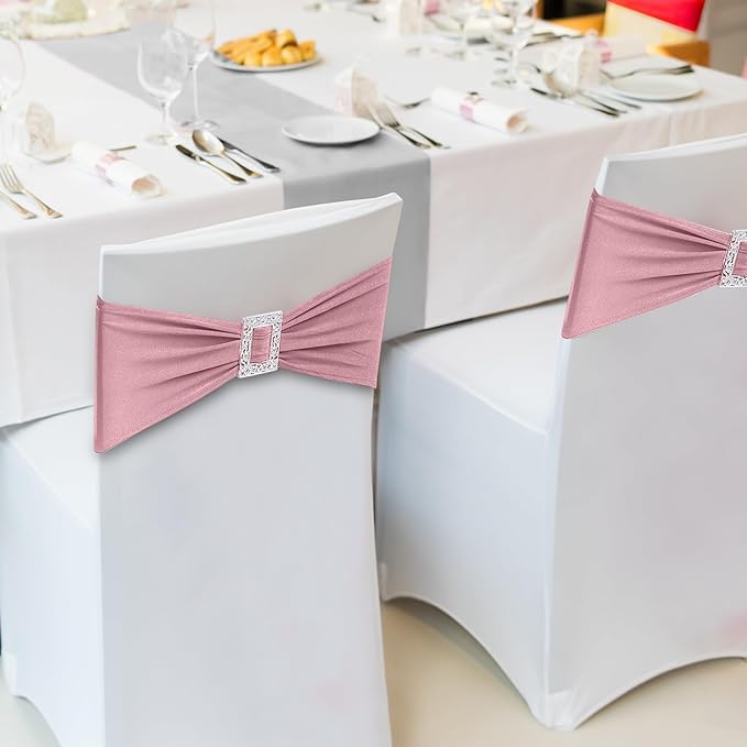 Joccun 120 PCS Spandex Chair Sashes Bows Stretch Chair Cover Band with Buckle Slider Universal Elastic Chair Ties for Wedding Banquet Party Event Decoration (Dusty Pink)