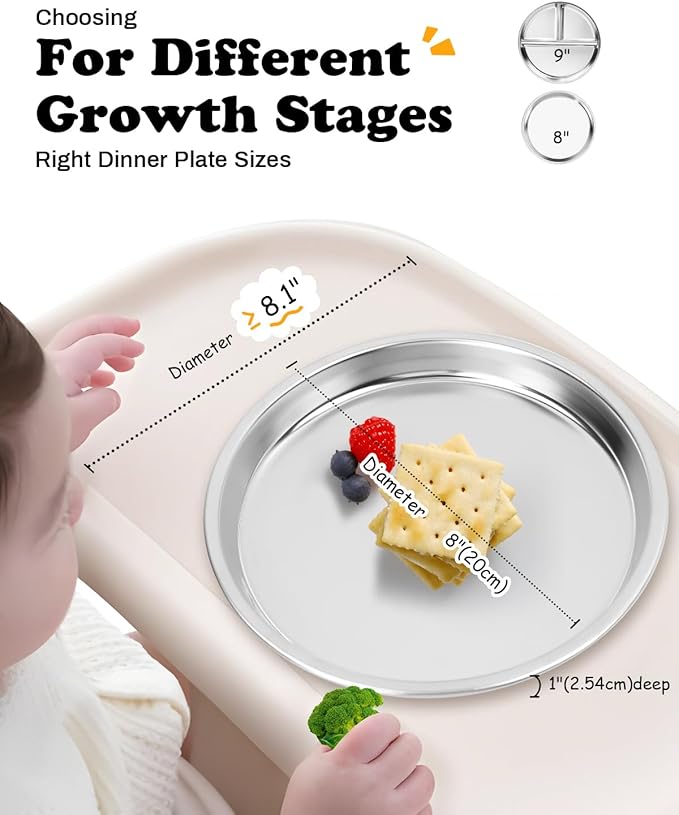 Stainless Steel Kids Plates 4 Packs, 8" Non Divided Toddlers Portion Control Plate, Non Toxic & BPA Free |Unbreakable |Dishwasher Safe Baby Snack Dish for Daycare, Restaurant Outings & Travel