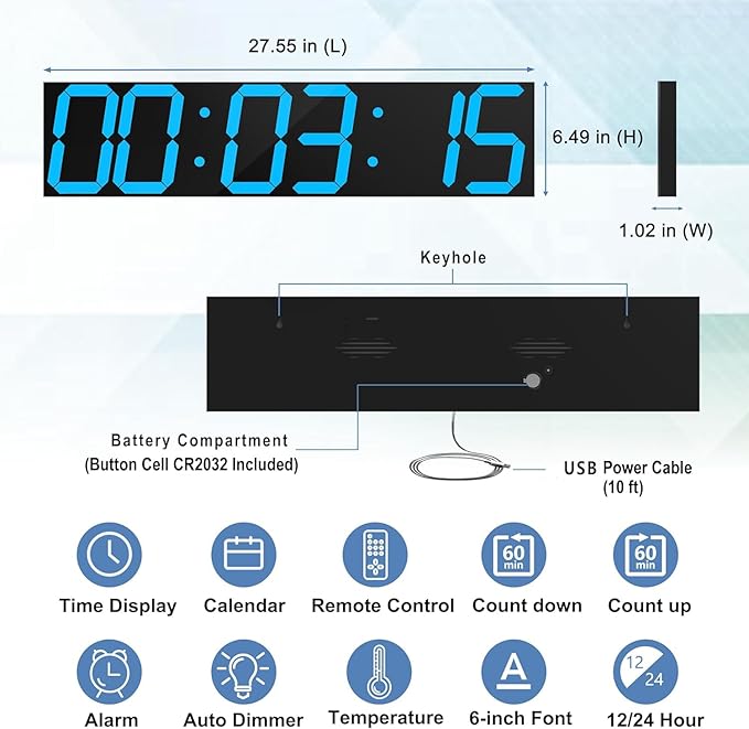 CHKOSDA Digital Wall Clock, Oversize Led Digital Clock Large Display with Auto Dimmer, Huge Countdown Timer with Remote Control, 27" Wide Display, 6 Digits, Wall Mount, Date and Temperature(Ice Blue)