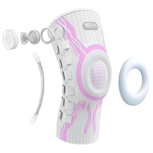 Kuangmi Knob Knee Brace for Pain Relief, Knee Support with Patella Gel Pad & Side Stabilizers, Compression Knee Sleeve for Workout, Arthritis, Joint Pain, Meniscus Tear (Pink White,Right,Large,Single)