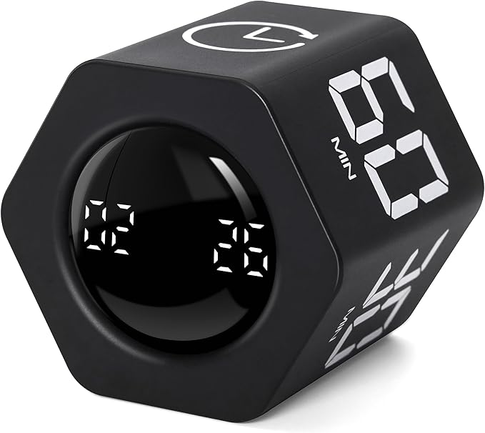 Productivity Timer 1, 5, 10, 30, 60 Minutes Preset, Desk Cube Timer with Gravity Sensor/Mute/Vibration for ADHD, Work, Study, Kitchen, Back to School (Black)