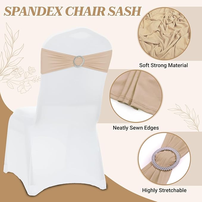 VDS - Champagne | Spandex Chair Sashes Bows | 75 PCS | Stretch Elastic Banquet Universal Folding Chair Band Tie with Silver Buckle Slider for Wedding Party Conference Celebration Event Decoration