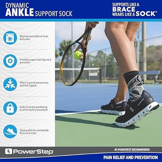 PowerStep Dynamic Ankle Support Sock, Ankle Brace and Ankle Compression Sock, for Flexibility, Ankle Support and Injury Prevention, Pain Relief, Unisex (Left Medium, Men's 7-9.5, Women's 8-10.5)