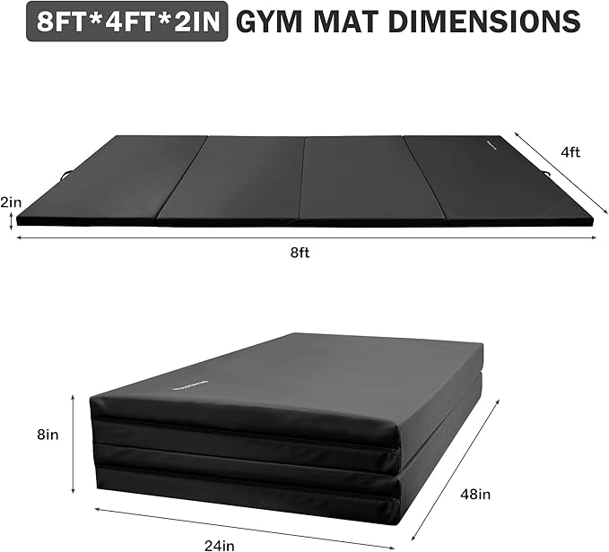 Fitvids Folding Exercise Gymnastics Mat 4'x8'x2" Gym Workout Mat with Carrying Handles High-Density Portable Fitness Aerobics Mats for Home Gym Yoga Pilates Tumbling MMA Core Training, Multiple Colors