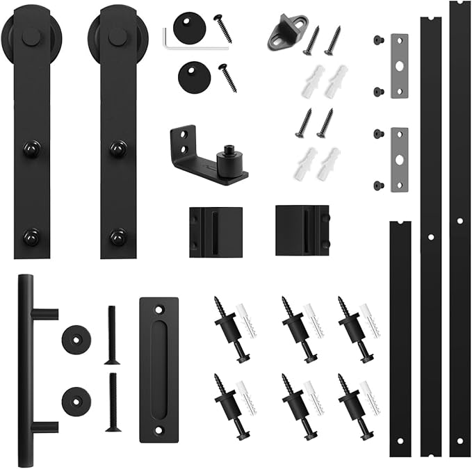 SMARTSTANDARD 8 FT Heavy Duty Sturdy Sliding Barn Door Hardware Kit, Black, (Whole Set Includes 1x Pull Handle Set & 1x Floor Guide) Fit 42"-48" Wide Door Panel (I Shape Hanger)