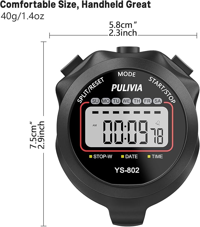Sports Stopwatch Timer, Single Lap Split Digital Stop Watch for Sports Kids Coaches Swimming Running, Black
