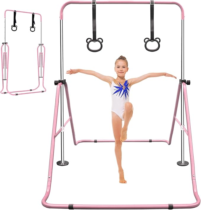 Anwick Gymnastics Bar for Kids - Height Adjustable Horizontal Monkey Bars with Rings, Folding Training Equipment for Indoor Outdoor Home Gym, Kids Exercise Pull Up Bar
