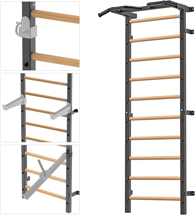 Kipika Gymnastic Stall Bar - 2"x2" Swedish Ladder with 1" Hole, Wall Mounted Pull-up Bar Ladder Suspension Trainer, Solid Wood Grips Gymnastics Training Bar for Home, Wall Gym, School