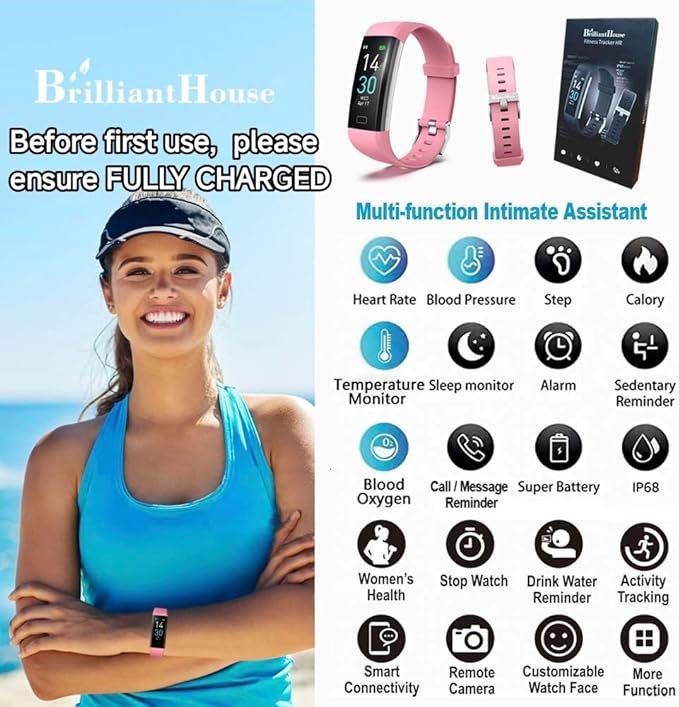 BrilliantHouse Fitness Tracker with Blood Pressure Heart Rate Oxygen Monitor, Activity Sleep & Temperature Smart Watch IP68 Waterproof Pedometer Step Counter for Kids Man Women S5