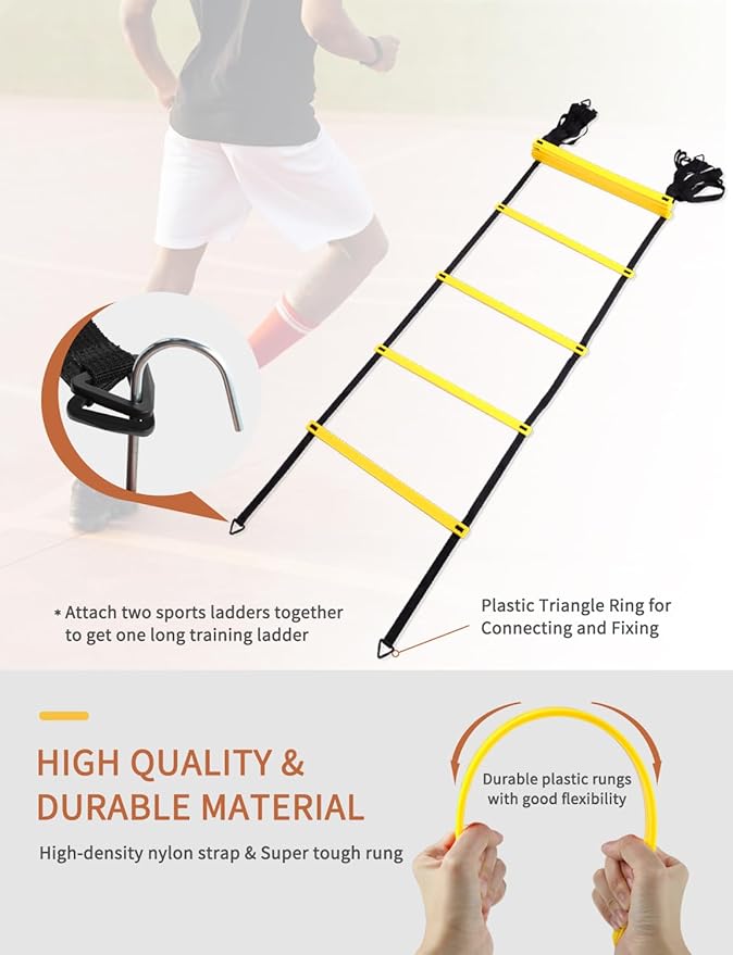 GHB Agility Ladder Speed Training Ladder Workout Ladder with 6 or 10 Cones 12 Rung 20ft with Resistance Parachute