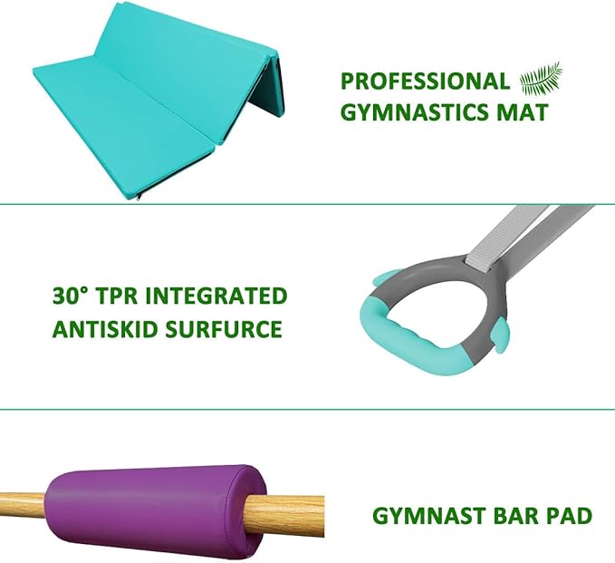 Foldable & Moveable Gymnastics Horizontal Bar with Rings,3’to 5’Adjustable Height Expandable Junior Kip Bar for Home,Indoor Gym Equipment for Kids