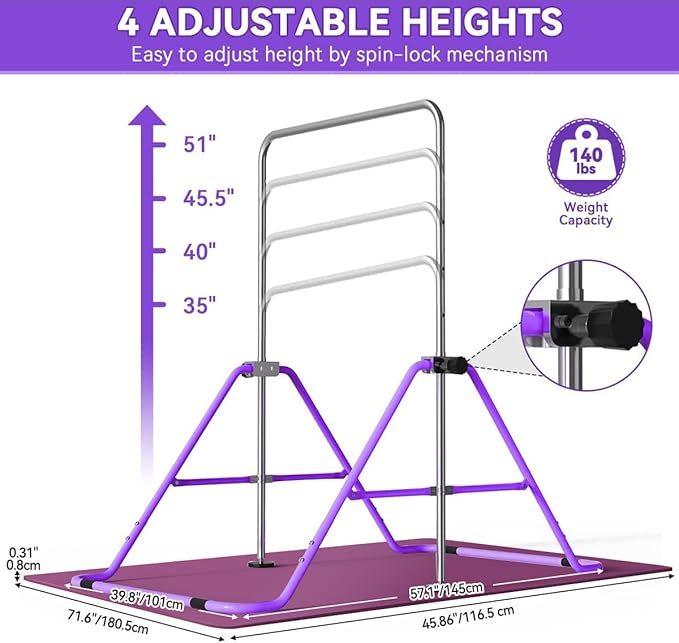 FBSPORT Gymnastics Bar for Kids with Rings,Adjustable Height Gymnastic Horizontal Bars Junior Training Bar Children Folding Training Monkey Bars for Home Using