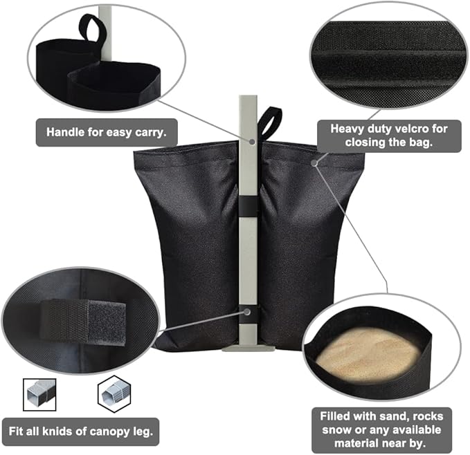 Eurmax USA 130LBS 4-Pack Universal Canopy Weights,Reinforced Double Pockets, Secure Wind Protection,Easy Wrap-Around Installation Heavy Duty Sandbags (Without Sand),Fits All Instant Shelter Legs,Black