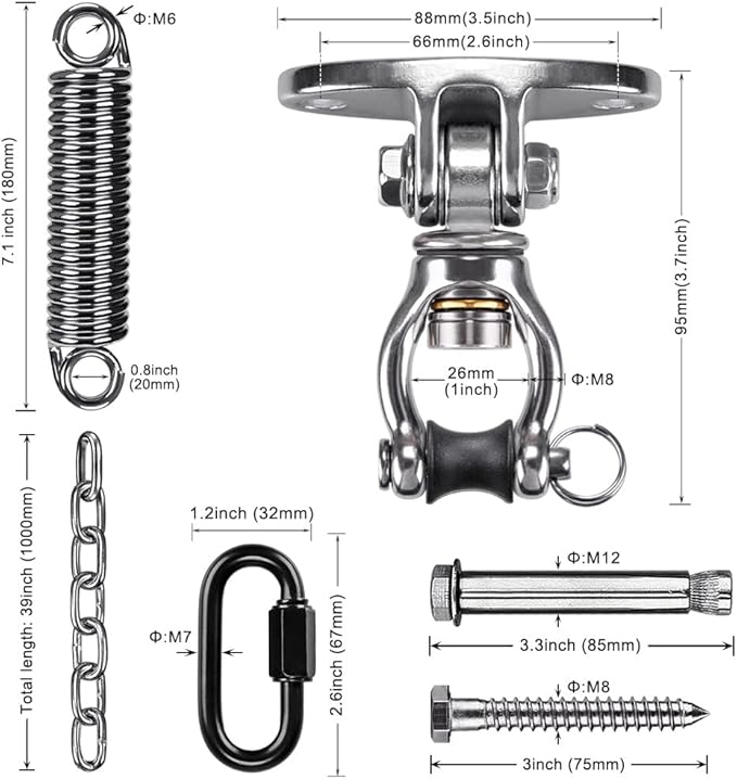 SELEWARE Hammock Chair Hanging Kit, Stainless Steel Bearing Swing Hanger with Heavy Duty Spring and Chain, Ceiling Mount for Hanging Indoor Outdoor Swing, Hammock Chair, Heavy Punching Bag