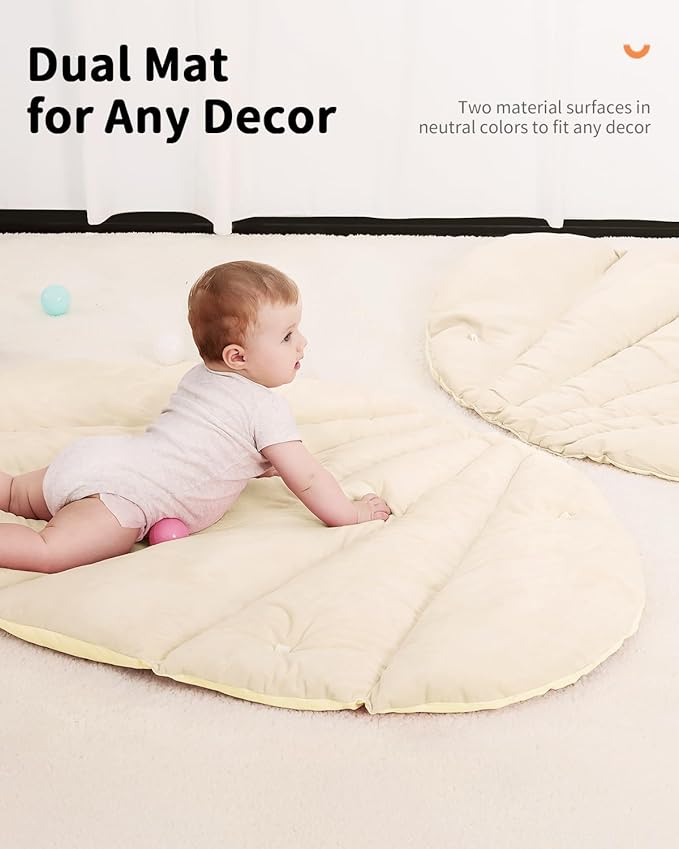 ANGELBLISS Baby Play Gym Mat, Reversible Tummy Time Mat with 6 Sensory Toys for Stage-Based Developmental, Thick & Large Baby Activity Center from Newborn to Toddler (Beige)