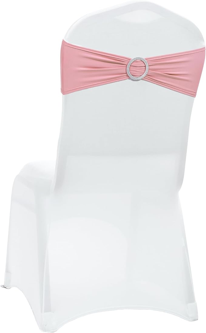 VDS - Dusty Rose | Spandex Chair Sashes Bows | 125 PCS | Stretch Elastic Banquet Universal Folding Chair Band Tie with Silver Buckle Slider for Wedding Party Conference Celebration Event Decoration