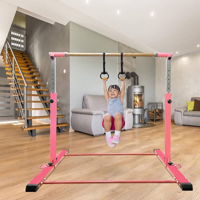Gymnastics Bar for Kids Girls Ages 3-15 with Ring for Home Indoor Training Equipment- Steady Steel Construction, Anti-Slip, Easy to Assemble, 3' to 5' Adjustable Height