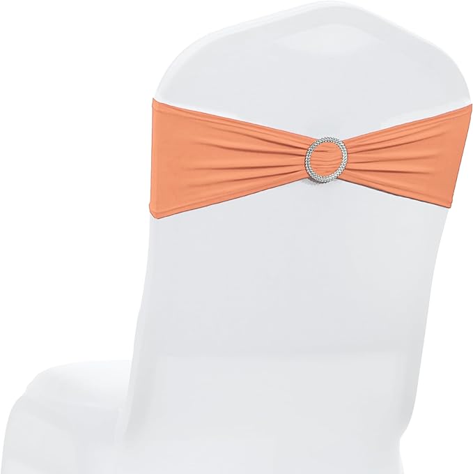 MDS Pack of 10 Spandex Chair Sashes Bow Premium Stretch Chair Cover Band with Buckle Slider Universal fits Elastic Dining Chair Ties for Wedding Party Banquet Events Decoration - Peach