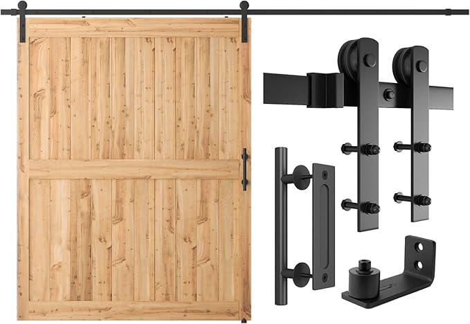 SMARTSTANDARD 11 FT Heavy Duty Sturdy Sliding Barn Door Hardware Kit, Black, (Whole Set Includes 1x Pull Handle Set & 1x Floor Guide) Fit 66" Wide Door Panel (I Shape Hanger)