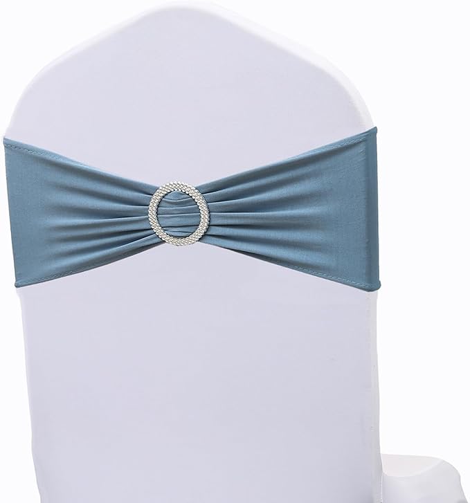 Spandex Dusty Blue Chair Sashes Bows 50 PCS Stretch Chair Bands with Buckles Slider Universal Elastic Chair Ties for Wedding Party Birthday Banquet Engagement Baby Shower Events Decoration