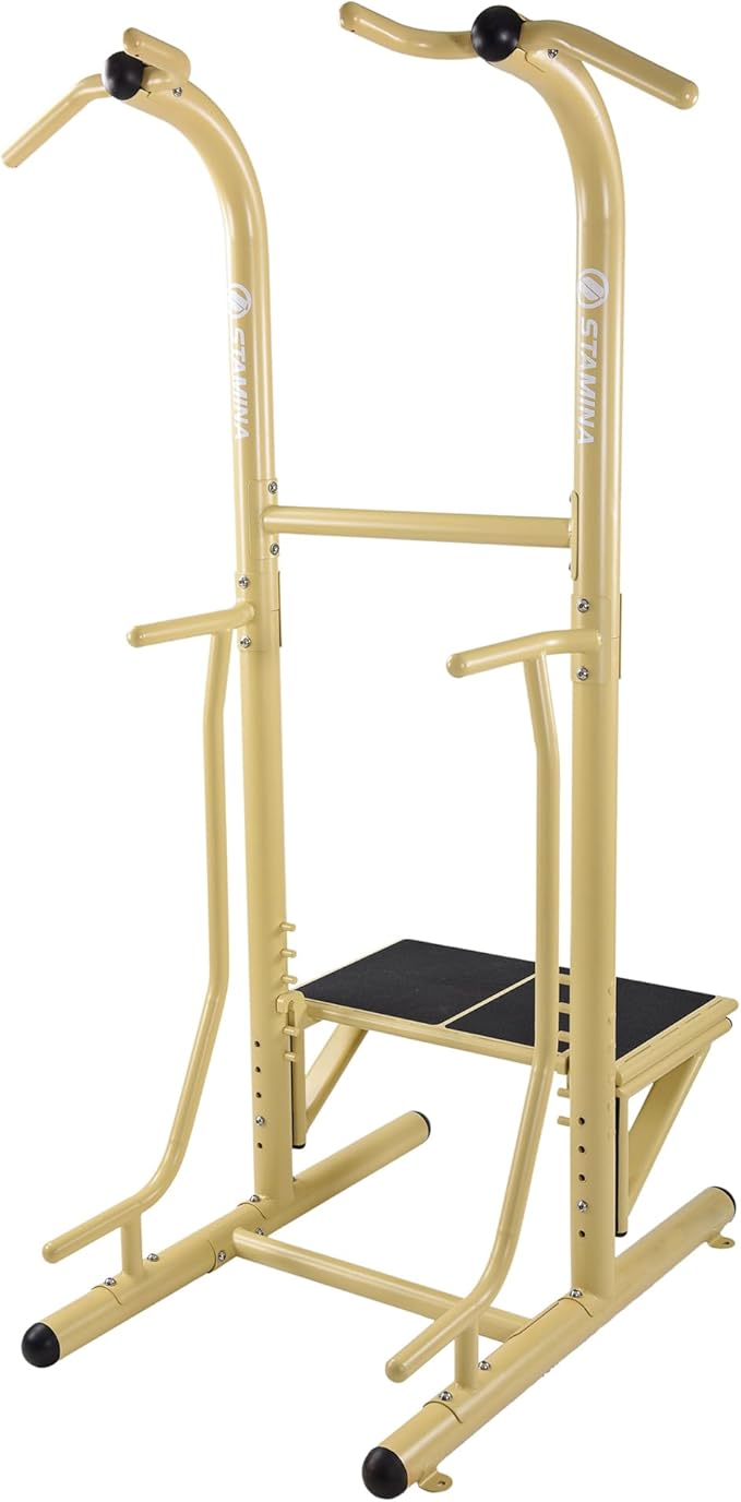 Stamina Pull Up Bar Tower & Dip Station, Free Standing Outdoor Home Gym Equipment, Green - Adjustable and Portable Workout Stand for Calisthenics Body Weight Training