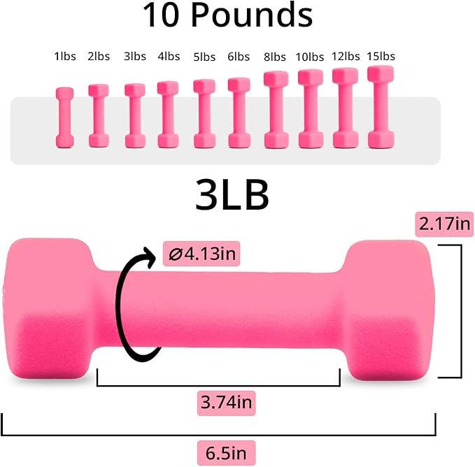 Portzon Weights Dumbbells with Neoprene Coating（Single）, 1LB-3LB Anti-Roll, Anti-Slip, Hexagonal Home Fitness Equipment for Shoulder, Neck, and Hand Training for Seniors over 55 old