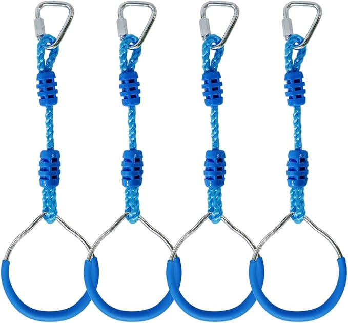 Ninja Ring Backyard Gymnastic Fitness Fist Outdoor Jungle Gym Play Set Playground Training Equipment, 4 Blue Swing Monkey Bar Hang Climbing Ring Warrior Obstacle Course Trapeze Slackline Attachments