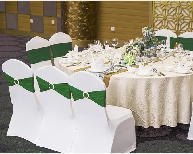 50 Pack Stretch Spandex Dark Green Chair Sashes with Slider Buckles for Wedding Chair Bows Bands Fitting Party Feast Banquet Restaurant Event Bridal Baby Shower Decoration