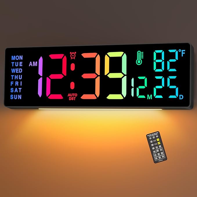 Soobest 14.2" Large Display Digital Wall Clock with Date Day of Week Temp Timer, Electric 8-in-1 Color Changing Big LED Clock for Elderly Seniors, Auto DST, Remote Control for Living Room Home Gym