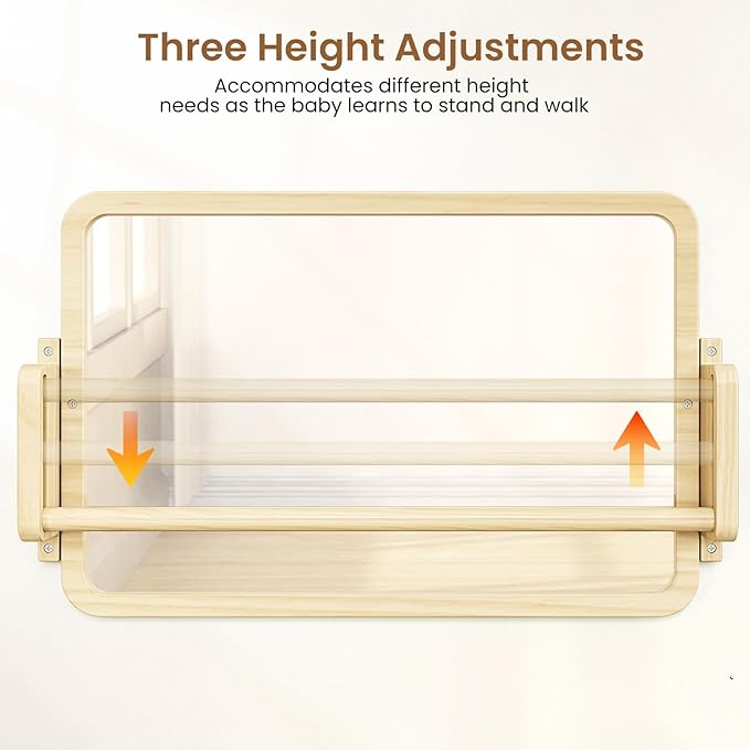 Woodtoe 3-in-1 Montessori Mirror with Bar, Adjustable Toddler Mirror & Pull Up Bar, Montessori Learning Toy for Baby 6-18 Months, Nursery Mirrors, Natural Wood Furniture for Daycare, Kids Classroom
