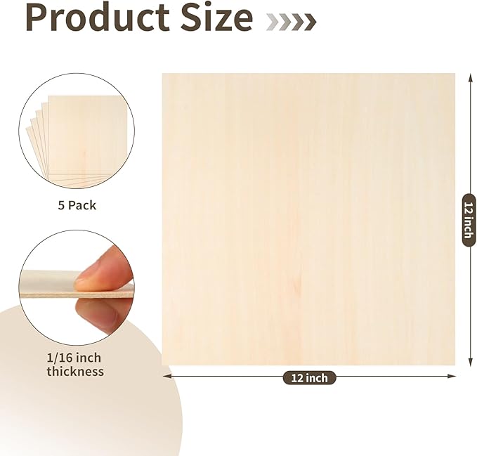 Balsa Wood Sheet, 5 Pack Plywood Sheets, Basswood Sheets 12X12X1/16 Inch, Unfinished Wood Boards Blanks for Laser Cutting, Engraving, Burning, Crafts