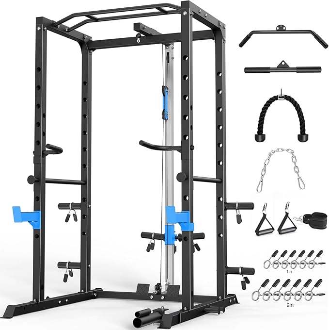 ULTRA FUEGO Power Cage, Multi-Functional Power Rack with J-Hooks, Dip Handles, Landmine Attachment and Optional Cable Pulley System for Home Gym